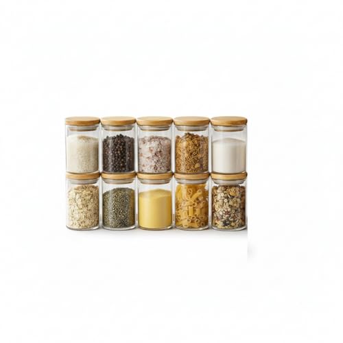 Jogo 10 Potes de Vidro Herméticos com Tampa de Bambu 250ml – Organizador Premium para Mantimentos, Grãos e Chás Gourmet – Design Minimalista