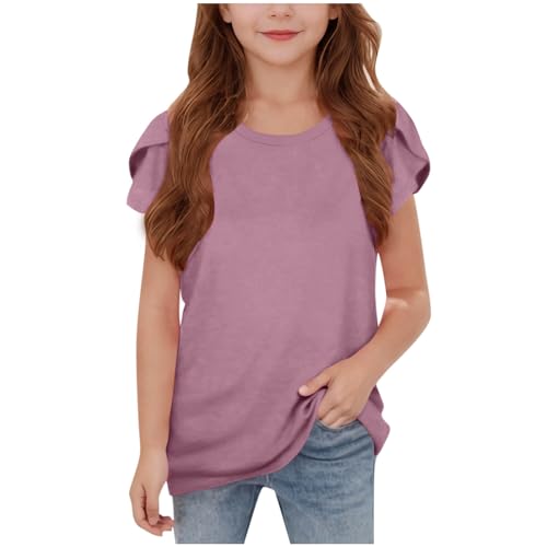 Girls' Summer T Shirts Petal Short Sleeve Cute Tops Solid Color Casual Cotton Tshirts