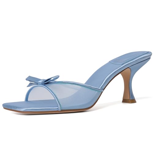 Mostrin Blue Mesh Kitten Heels for Women Open Square Toe Mule Heeled Sandals With Bow Slip On Backless Dress Shoes for Wedding Party Holiday Size 7