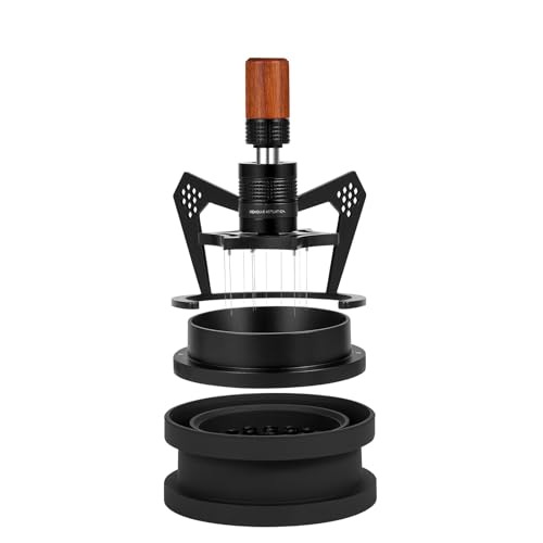 IKAPE Mantis WDT Distribution Tool V3-58.5MM Espresso Stirrer Distribution Tool für Barista - 8 Nadel Espresso Stirrer mit Dosiertrichter & Stand einstellbare Nadelhöhe Walnuss Griff