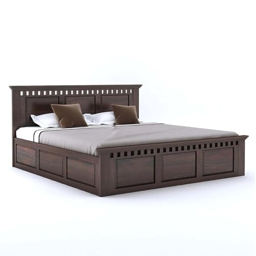 Image of Sheesham Wood Queen Size Bed with Box Storage | Solid Wooden Cot Bed | Double Bed Furniture for Bedroom Living Room Home - Q 05 (Walnut Teak Finish)