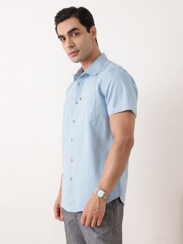 Image of Thomas Scott Men's Premium Slim Fit Casual Shirt | 100% Cotton Twill | Short Sleeves | Spread Collar | Solid Smart Casual Shirt for Men