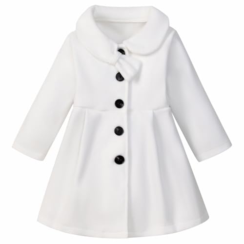 Image of USKIDKK Toddler Baby Girl Coat Long Sleeve Solid Color Buttons Clothes Jacket Little Girls Dress Coat Fall Winter Outfit (White,2-3T)
