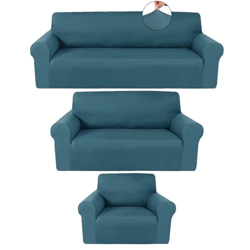 Peryiter 3 Pcs Slipcover Set for Couch Furniture Covers for Sofa Loveseat Couch Arm Chair, Form Fit Stretch, Wrinkle Free, Furniture Protector(Peacock Blue,Milk Silk Spandex)