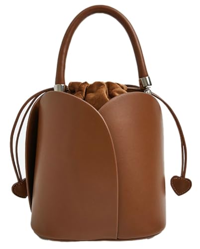 Molodo PU Leather Petal Bucket Bag Drawstring Closure Velvet Ruched Handle Heart Accent Handheld Crossbody