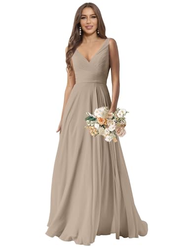 Image of Sukleet V Neck Bridesmaid Dresses Long for Wedding Pleated Chiffon A Line Formal Wedding Guest Dress