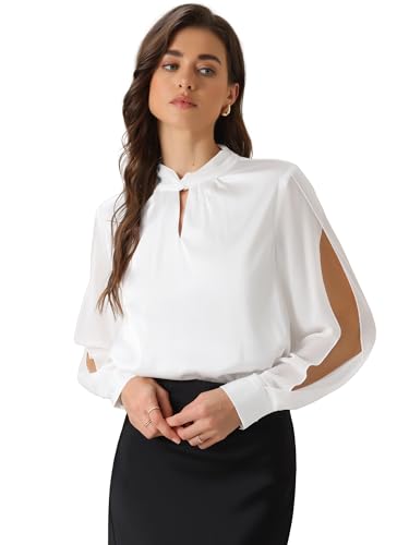 Allegra K Dressy Casual Satin Blouse for Women's Slit Long Sleeve