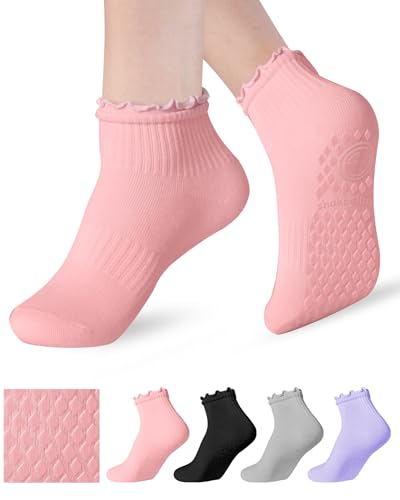 Non Slip Grip Yoga Socks for Women Breathable Cute Ruffle Ankle Socks for Yoga, Pilates, Barre Workouts