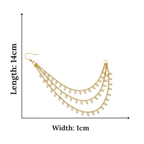 Image of Traditional Gold Plated Alloy Ear Chain Pair with Kundan & Pearl Dangling Design | 3 Layer Bridal Ear Chain for Women