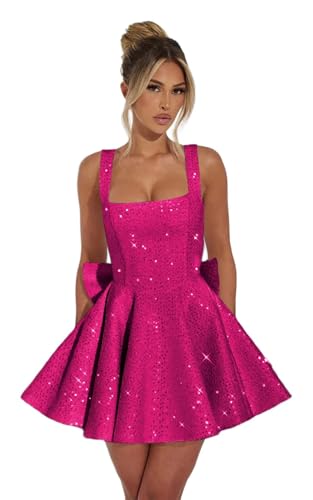 Sparkly Sequin Homecoming Dresses for Teens 2025 with Bow Square Neck Short A Line Prom Mini Cocktail Party Gown