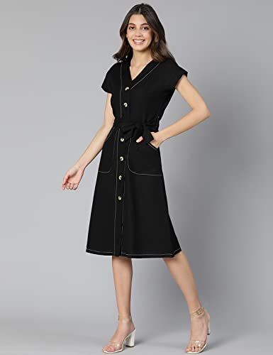 Image of oxolloxo Women Cotton Shirt Regular Sleeves Solid Party Dress