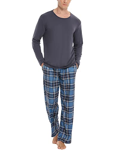 Uniexcosm Pijama de Hombre, Pijamas Hombre Algodon Pijama de Cuadros Manga Larga con Bolsillo Ropa de Casa Hombre de Cuello Redonde Pijama Conjunto Suave para Casual Hogar Gris Oscuro 1 S Cover
