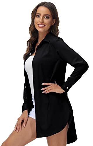 AjezMax Camisa Mujer Blusa Largo con Botones Manga Larga Camisetas Trabajo Camisas Oficina para Primavera Otoño XXL Negro Cover