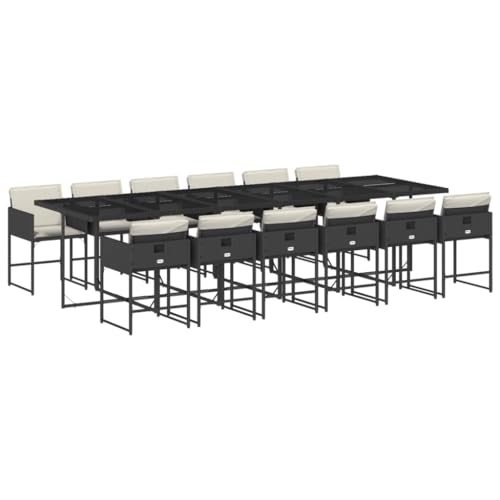 vidaXL 13 Piece Patio Dining Set with Cushions – Black PE Rattan Garden Table & 12 Chairs – Outdoor Deck Furniture with Tempered Glass Top