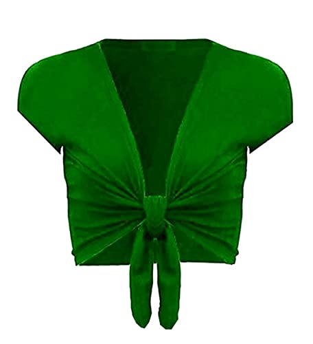 Womens Short Sleeve Open Front Tie Up Shrug Ladies Plain Fancy Party Shirt Top (Jade Green UK 12-14)