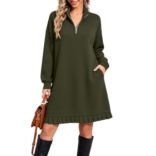 Image of Half Zip Jumper Dress for Women UK Ladies Ruffle Hem Dresses with Pockets