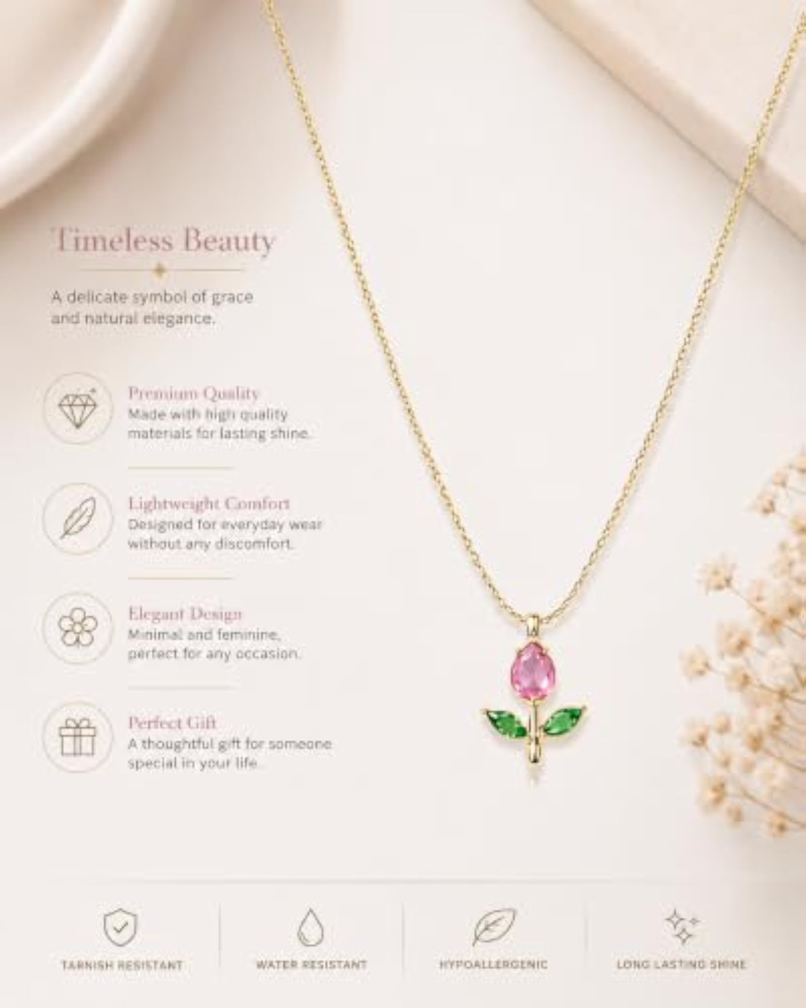 Women's Rose Flower Pendant Necklace, 18K Plated