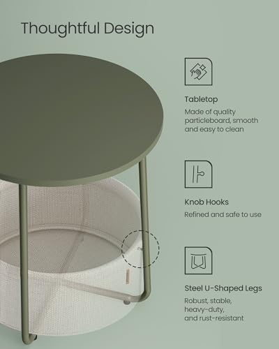 Image of VASAGLE LILEA Collection - Small Round Side End Table, Modern Nightstand with Fabric Basket, Forest Green and Cream White ULET223C80