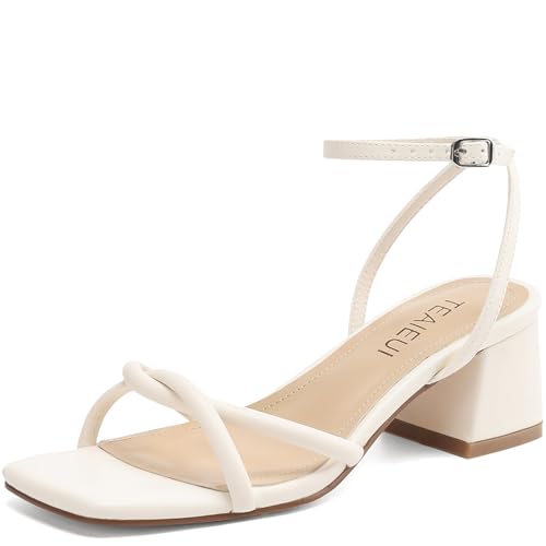 Image of TEAIEUI Chunky Heels for Women, Square Open Toe Heeled Sandals, Strappy Ankle Strap Shoes for Dress, Party, Prom, Block Low Heel 2 inch