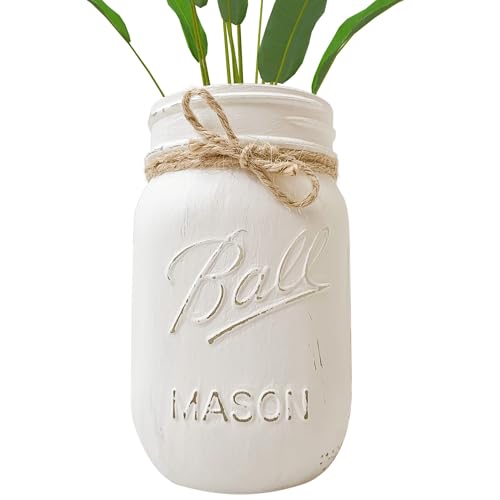 Small White Mason Jar Decor | 16 oz Hand Painted Distressed Pint Jar | 5 Inch | Rustic Farmhouse Decor | Pencil Holder for Desk | Pen Cup | Small Vase for Flowers (White Jar - No Flowers)