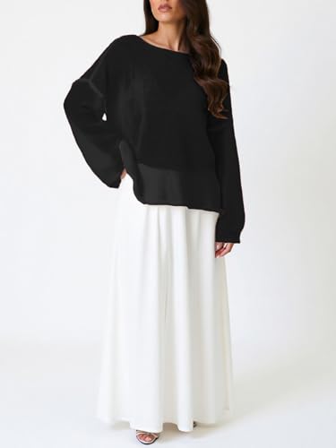 Women's Loose Fit Sheer Knit Sweater Round Neck Long Sleeve Solid Pullover Tops4