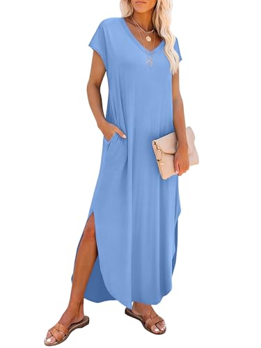 Image of RUMIA Summer Maxi Dresses for Women Cap Sleeve Long Sundress with Pockets