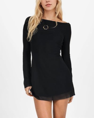 Women Sexy Boat Neck Backless Mesh Mini Dress Solid Slim Fit Bell Long Sleeve Self Tie Back Sheer Short Dresses2