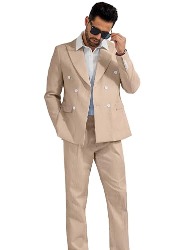High-End Suits Men's Seersucker Suits 2 Piece Casual Summer Beach Wedding Prom Suit Khaki Seersucker Blazer Pants Set XL3