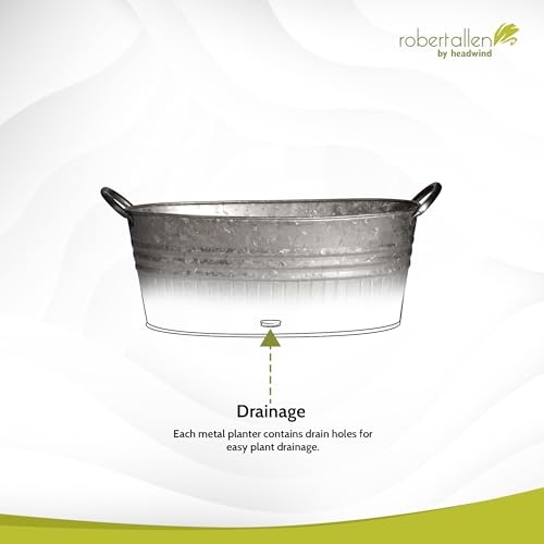 Headwind Oval Galvanized Tubs Planter with Handles – 24 Inch Lightweight Steel Indoor Oval Plant Pot with Drainage Holes – Large Galvanized Tub Flower Bucket – Outdoor Planter by Robert Allen