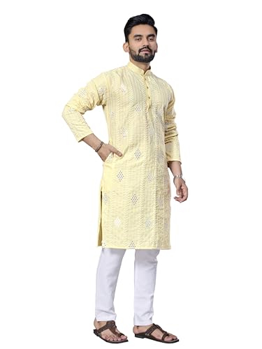 Men's Cotton Mirror Embroidered Traditional Kurta with Pajama Ethnic Wear Weddings & Festive Occasions B-VAN3