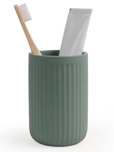 Autumnlife Toothbrush Holder Ceramic, 12 oz Green Mouthwash Cup Bathroom Tumbler for Vanity Countertop, Bathroom Organiser for Toothbrush, Toothpaste, Cosmetic, Pencils, Matte Green