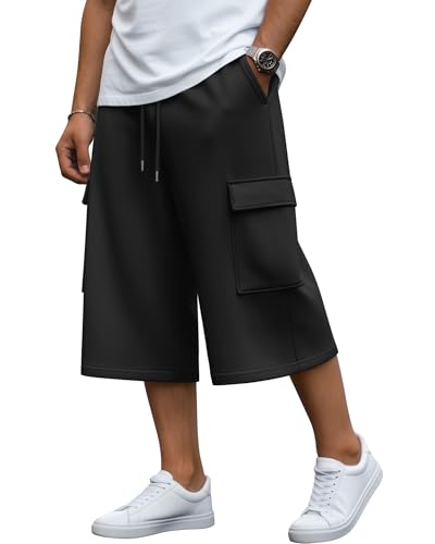 JoyMotion Men's Capri Cargo Casual Shorts 3/4 Elastic Waist Drawstring Below Knee Length Baggy Pants Wide Leg with Pockets(Black,XX-Large)