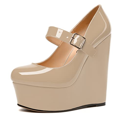 WAYDERNS Womens Dating Adjustable Strap Platform Mary Jane Round Toe Patent Buckle Cute Wedge High Heel Pumps Shoes 6 Inch