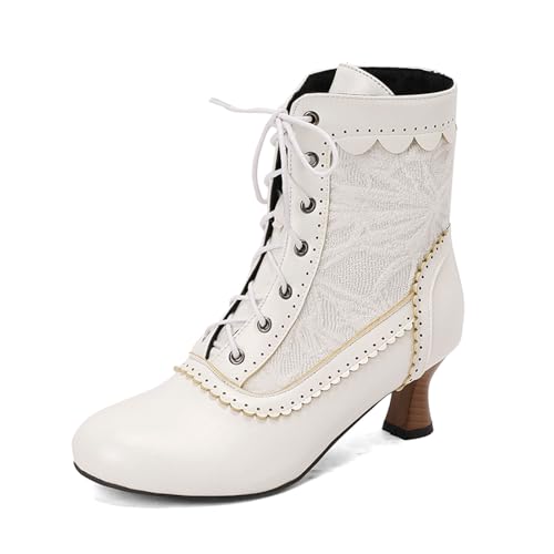Botines para mujer, estilo victoriano, gótico, con cordones, tacones medios, botas de entretiempo, zapatos tacón clásico, botines cordones