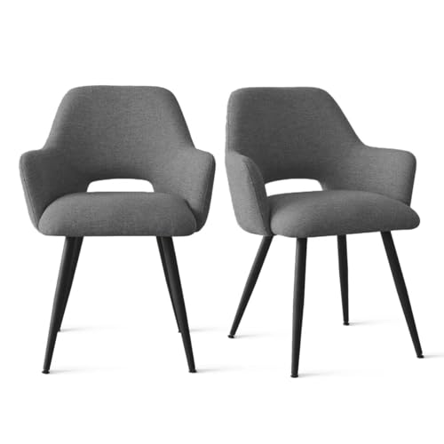 Image of Finch Fox Motel Luxurious Home Collection Upholstery Fabric Arm Dining Room Chairs in Dark Grey Color with Black Metal Powder Coated Legs (Set of 2)