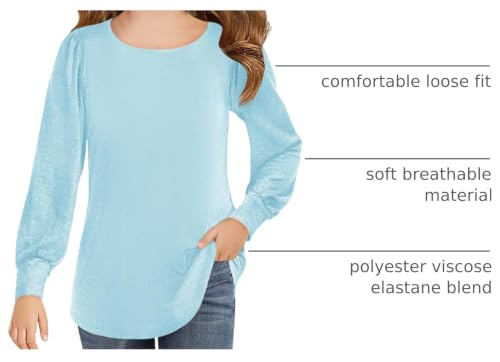 Image of Haloumoning Girls Puff Long Sleeve Shirts Fall Tops 5-14Y | Casual,Solid Color,Crewneck, Soft, Tunic Tops Blouse,Kids Long Sleeve T Shirt,,Fashion Clothes