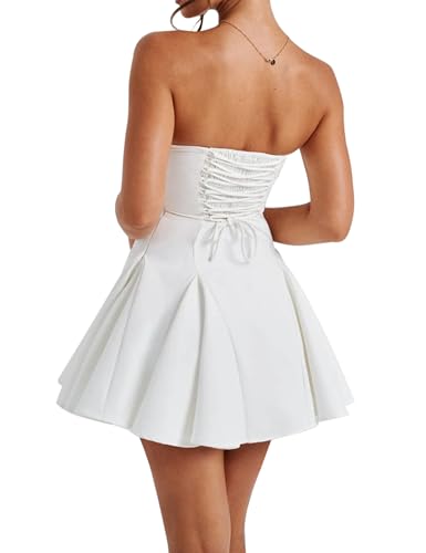 SHESEEWORLD Women's Sexy Summer A-Line Strapless Bow Dress Sleeveless Ruffle Hem High Waist Mini Dress3