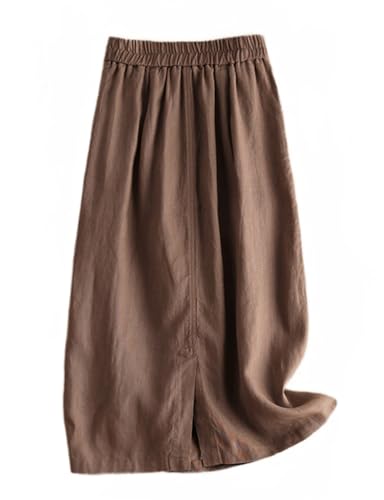 Kinghua Womens Linen Skirt Elastic High Waisted Casual Straight Cotton Linen Midi Skirt with Slit2