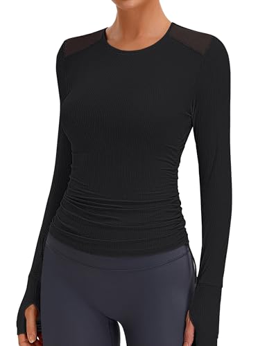 BMJL Women's Long Sleeve Crop Workout Shirts Slim Fit Breathable Mesh Gym Athletic Running Hiking Tops