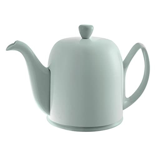 Degrenne Salam Luxury French Tea Pot - Porcelain Teapot with Stainless Steel Cover, Ceramic Tea Kettle for Loose Tea, Removable Infuser, 6 Cup Capacity, 36oz - Monochrome Green Almond