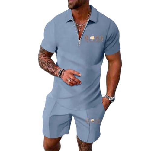 Men's Tracksuit Polo Shirt & Shorts 2 Pieces Boss Flexx Apparel Men's 2-Piece Activewear Short Sleeve Polo Shirt and Shorts Set Casual Sportswear Zip-Up Top with Pocketed Pants (Sky Blue-1, M)