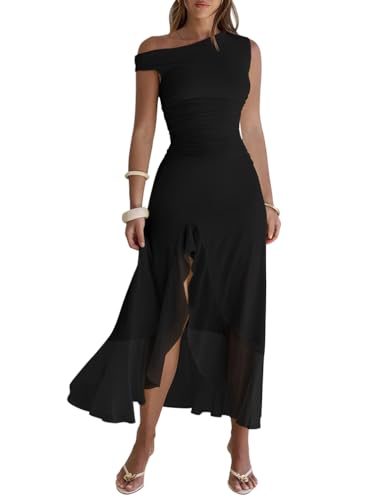 LAGSHIAN Women's Flowing Maxi Dress Slant Shoulder Sleeveless Mesh Ruched High Split Party Long Dresses Black