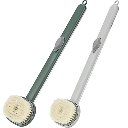 ロングハンドル液体バスブラシ、14インチスクラブバスブラシ角質除去バスシャワーブラシ、ソープディスペンサー付き、シャワー用バックスクラバー、ロングハンドルラブバスブラシ、女性、男性用の角質除去用(グリーン+グレー)