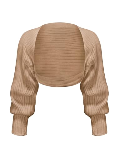 EXARUS Girls Cardigan Teen Open Front Cropped Sweater Long Sleeve Shrug Bolero Ribbed Lightweight Casual Dressy Knit Top Khaki 12Y