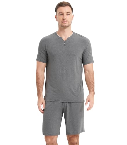 Image of NACHILA Pajamas Set for Men-Viscose Made from Bamboo, Short Sleeve Sleepwear Soft Pj with Shorts Cool Loungewear
