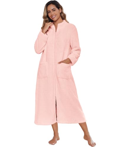 Image of Ekouaer Women Zip Up Robe Fleece Long Sleeves Soft Housecoat with Pockets