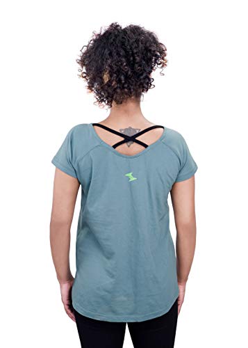Image of Uhane Women's Yoga and Gym Cross-Back Cotton Work-Out Extreme Deep Neck Loose Fit T-Shirt (Teal) Short Sleeves Top for Sports and Fitness