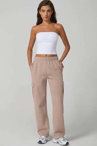 Image of QINSEN Baggy Medium Waist Elastic Sweatpants for Womens Casual Long Fleece Cargo Pants with Pockets