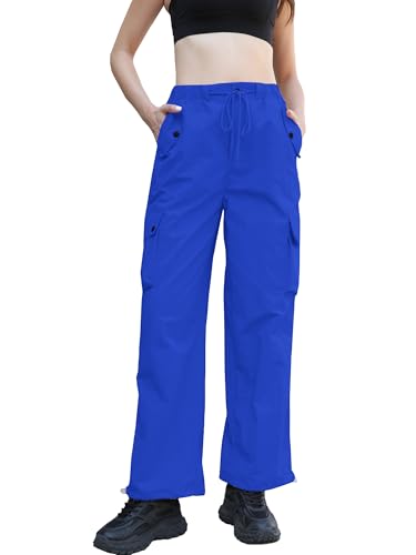 Image of Betusline Girls & Women's High Waist Wide Leg Cargo Pants Y2K Parachute Pants with Pockets and Drawstring 6 Years-Women 2XL