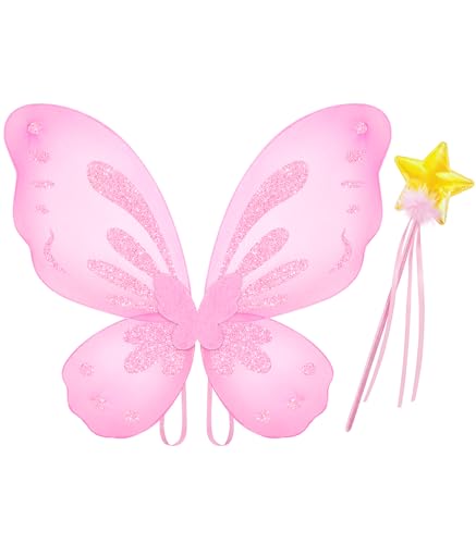 VEKDA Pink Fairy Wings Butterfly Costume for Girls Butterfly Wings with Star Fairy Wand Birthday Halloween Cosplay Dress Up